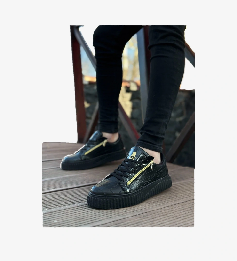 Pabucmarketi Bağcıklı Çift Fermuarlı Erkek Ayakkabı SİYAH (SİYAH TABAN) model görseli