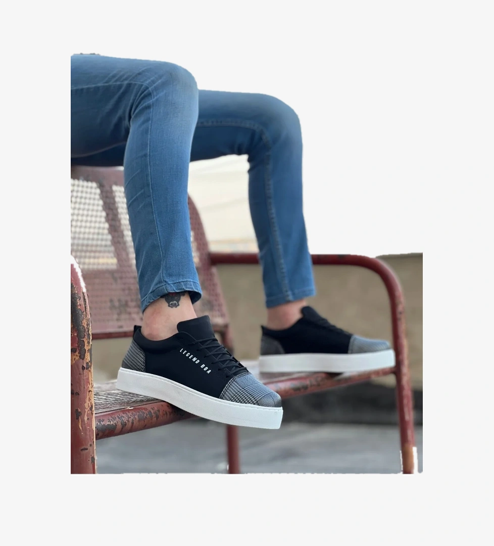 Pabucmarketi Bağcıklı Ekose Detaylı Erkek Spor Ayakkabı SİYAH SÜET (BEYAZ TABAN) model görseli