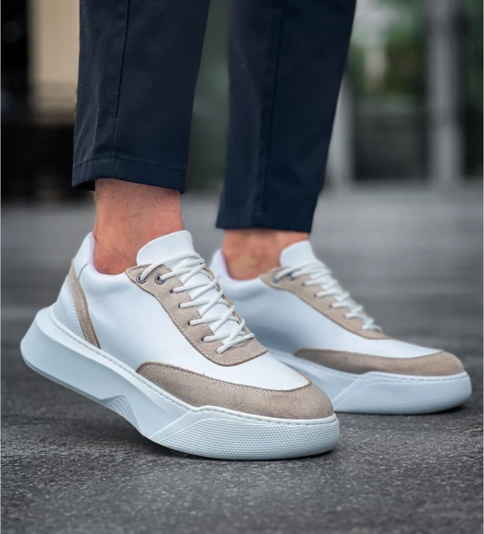 Bağcıklı Erkek Spor Ayakkabı BEYAZ KREM (BEYAZ TABAN) - Görsel 1