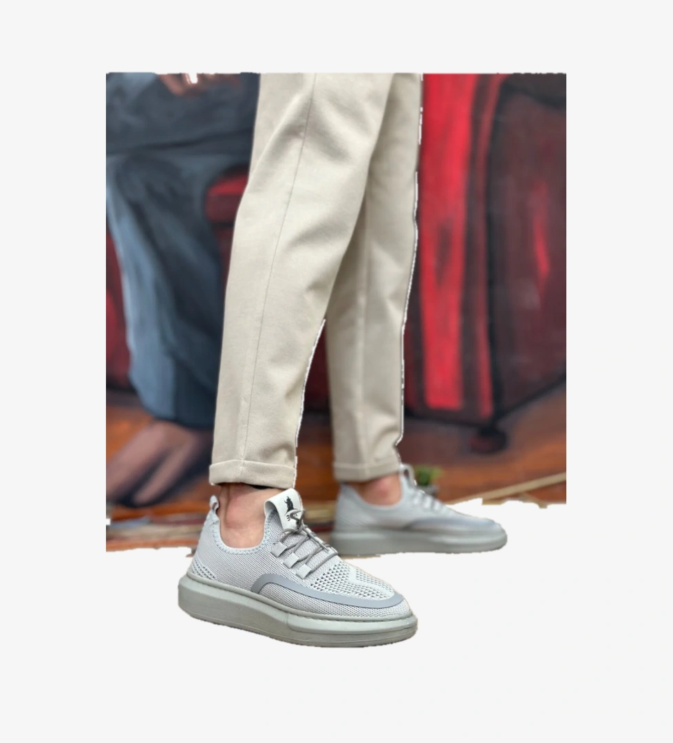 Pabucmarketi Bağcık Detaylı Triko Erkek Spor Ayakkabı GRİ (BEYAZ TABAN) model görseli