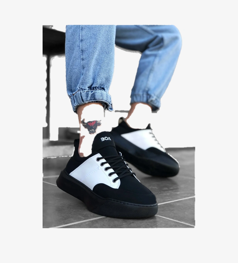 Pabucmarketi Bağcıklı Erkek Spor Ayakkabı SİYAH BEYAZ (SİYAH TABAN) model görseli