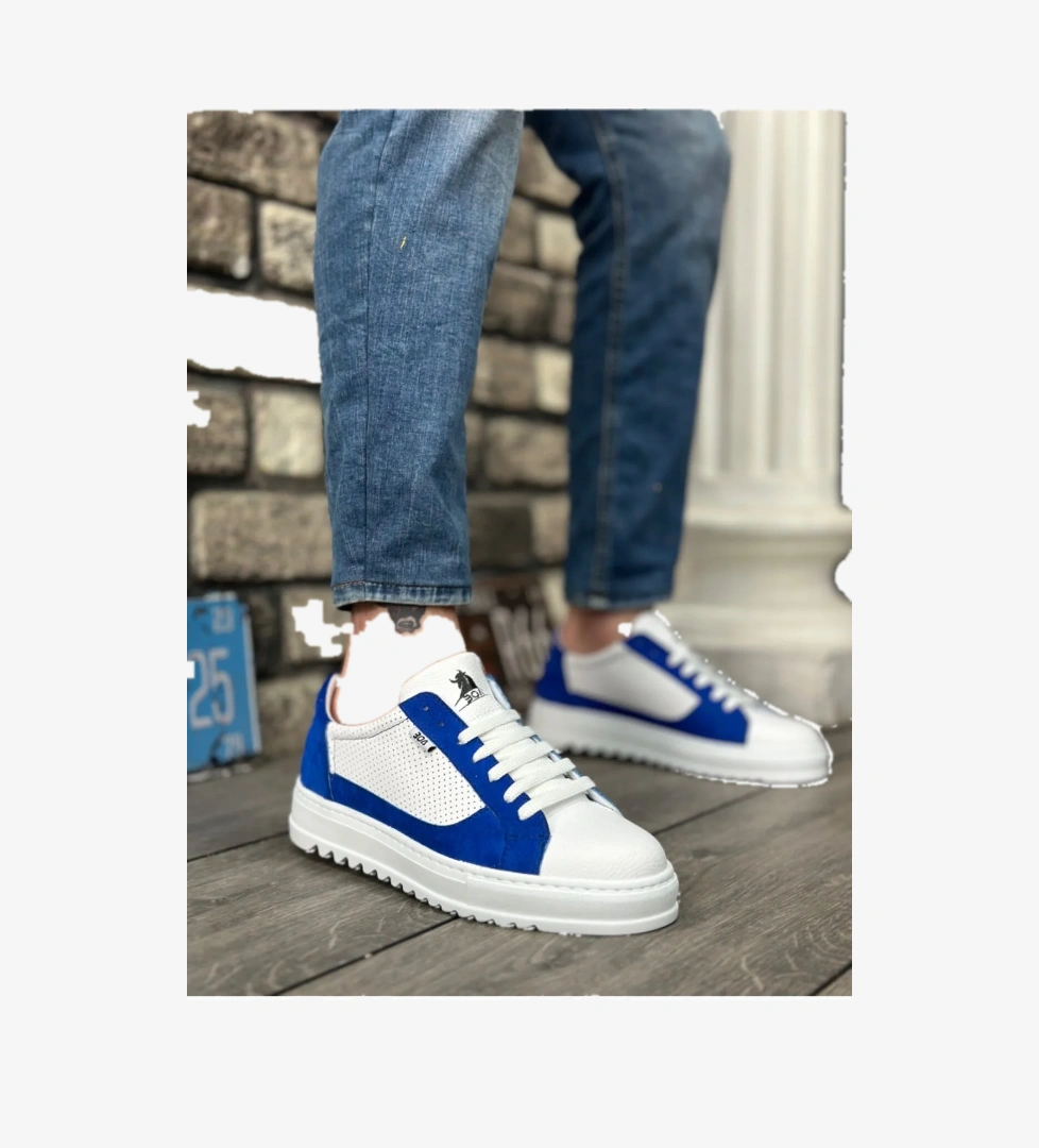 Bağcıklı Erkek Spor Ayakkabı BEYAZ MAVİ (BEYAZ TABAN) - Görsel 1