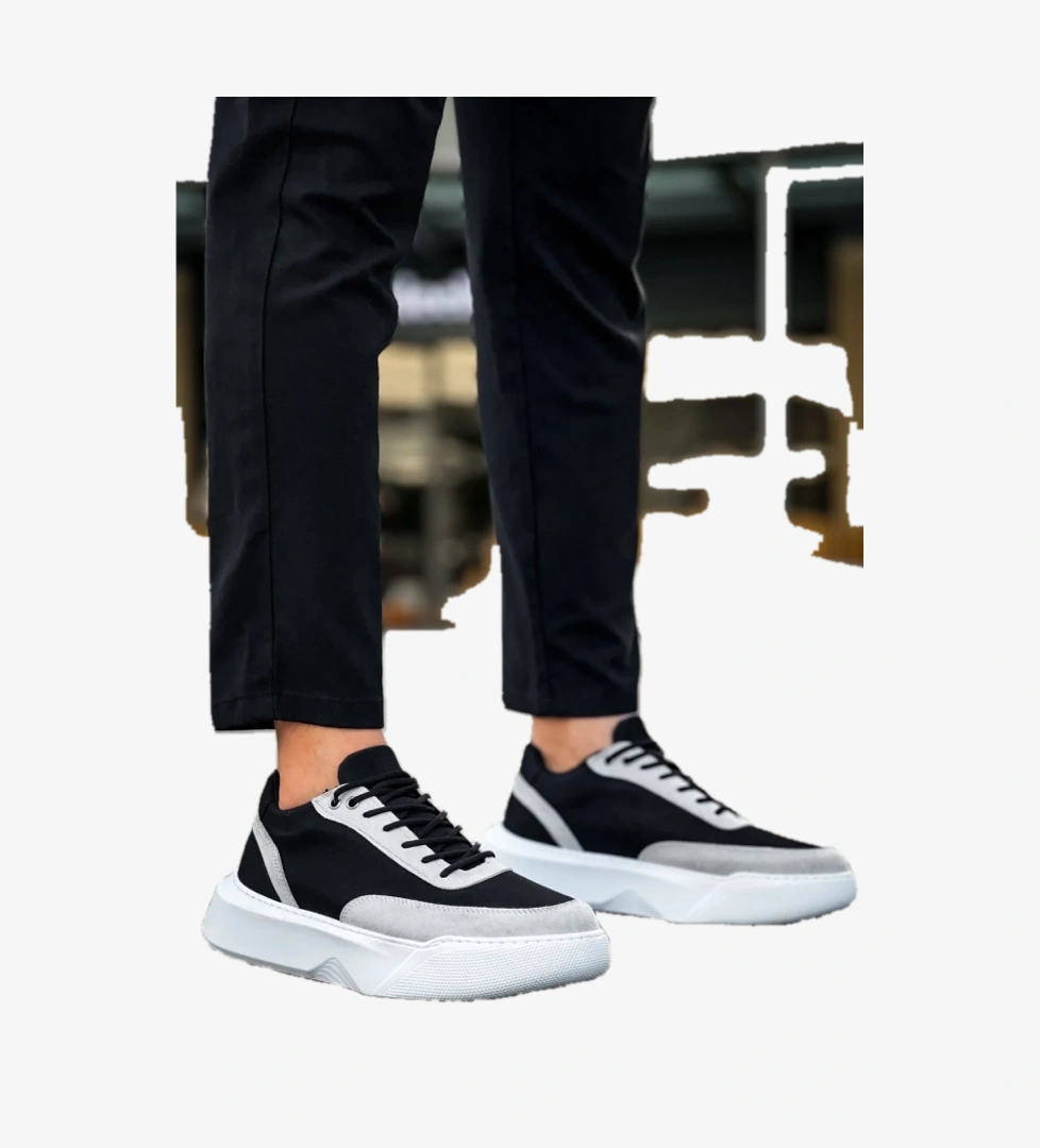 Bağcıklı Erkek Spor Ayakkabı SİYAH GRİ (BEYAZ TABAN) - Görsel 1