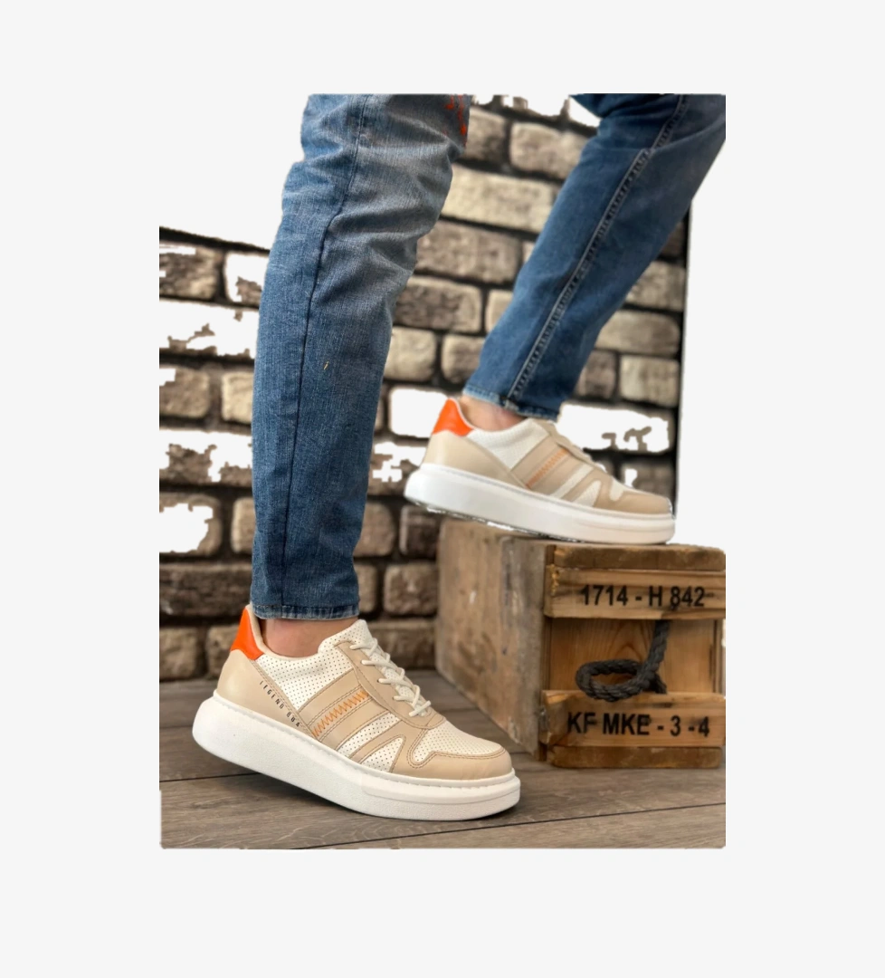 Pabucmarketi Bağcıklı Yanı Desenli Erkek Spor Ayakkabı KREM BEYAZ (BEYAZ TABAN) model görseli