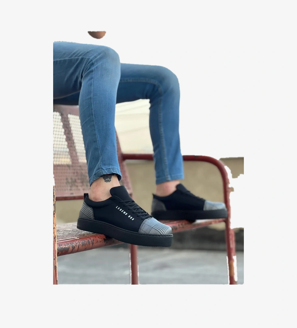 Bağcıklı Ekose Detaylı Erkek Spor Ayakkabı SİYAH SÜET (SİYAH TABAN) - Görsel 1