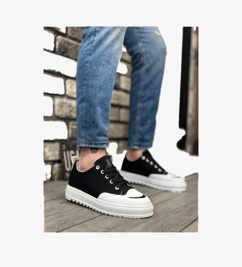 Pabucmarketi Bağcıklı Erkek Spor Ayakkabı SİYAH BEYAZ (BEYAZ TABAN) model görseli