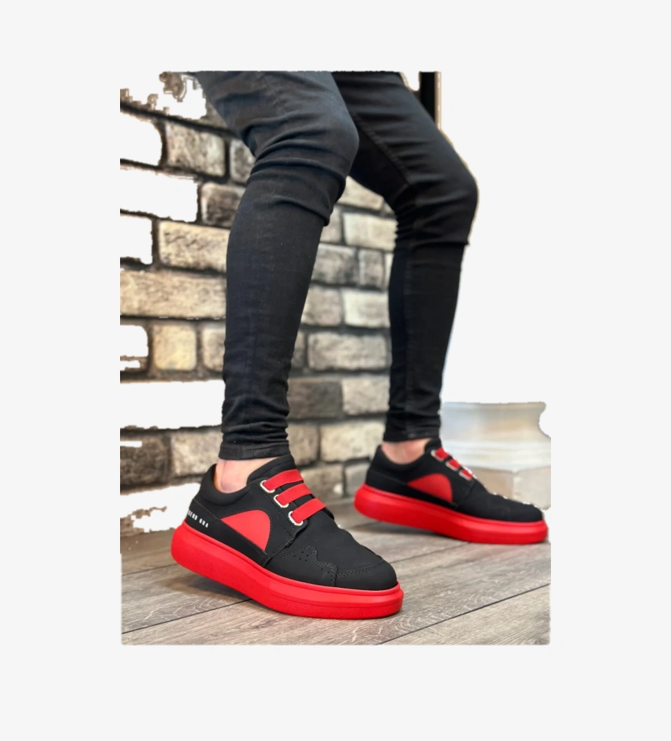 Bağcıksız Lastikli Casual Erkek Ayakkabı SİYAH KIRMIZI (KIRMIZI TABAN) - Görsel 1