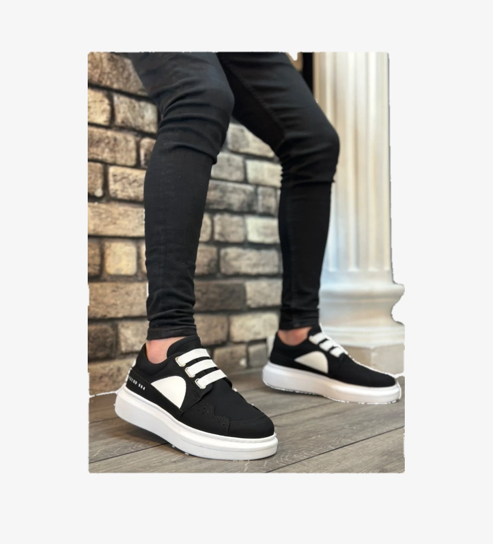 Pabucmarketi Bağcıksız Lastikli Casual Erkek Ayakkabı SİYAH BEYAZ (BEYAZ TABAN) model görseli