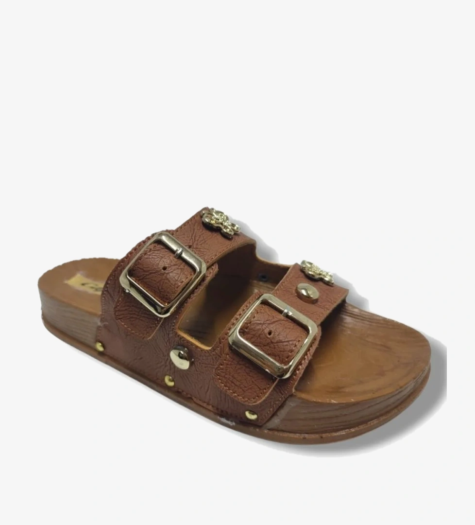 9001-25 Deri Çift Bant Tokalı Kadın Terlik - Görsel 1