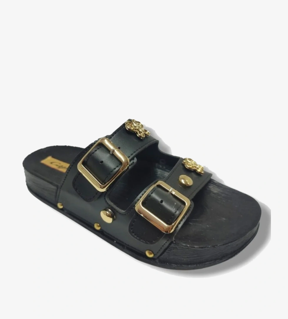 9001-25 Deri Çift Bant Tokalı Kadın Terlik