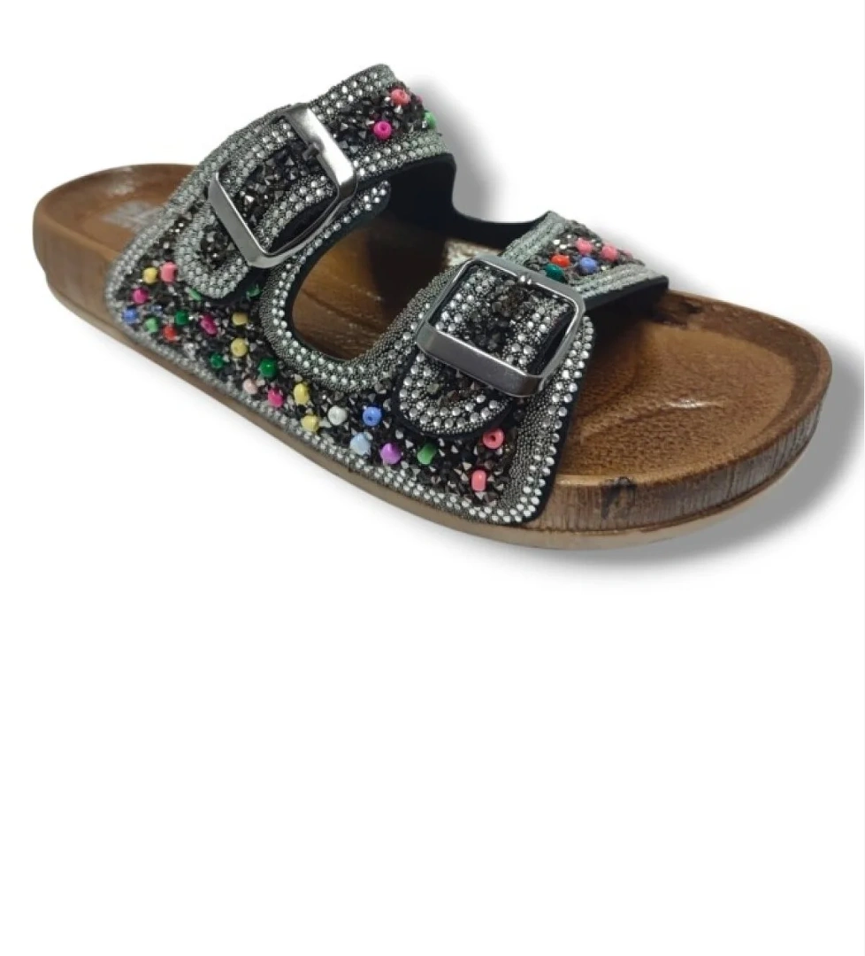 6123-25 Çift Bant Boncuklu Taşlı Kadın Terlik - Görsel 1