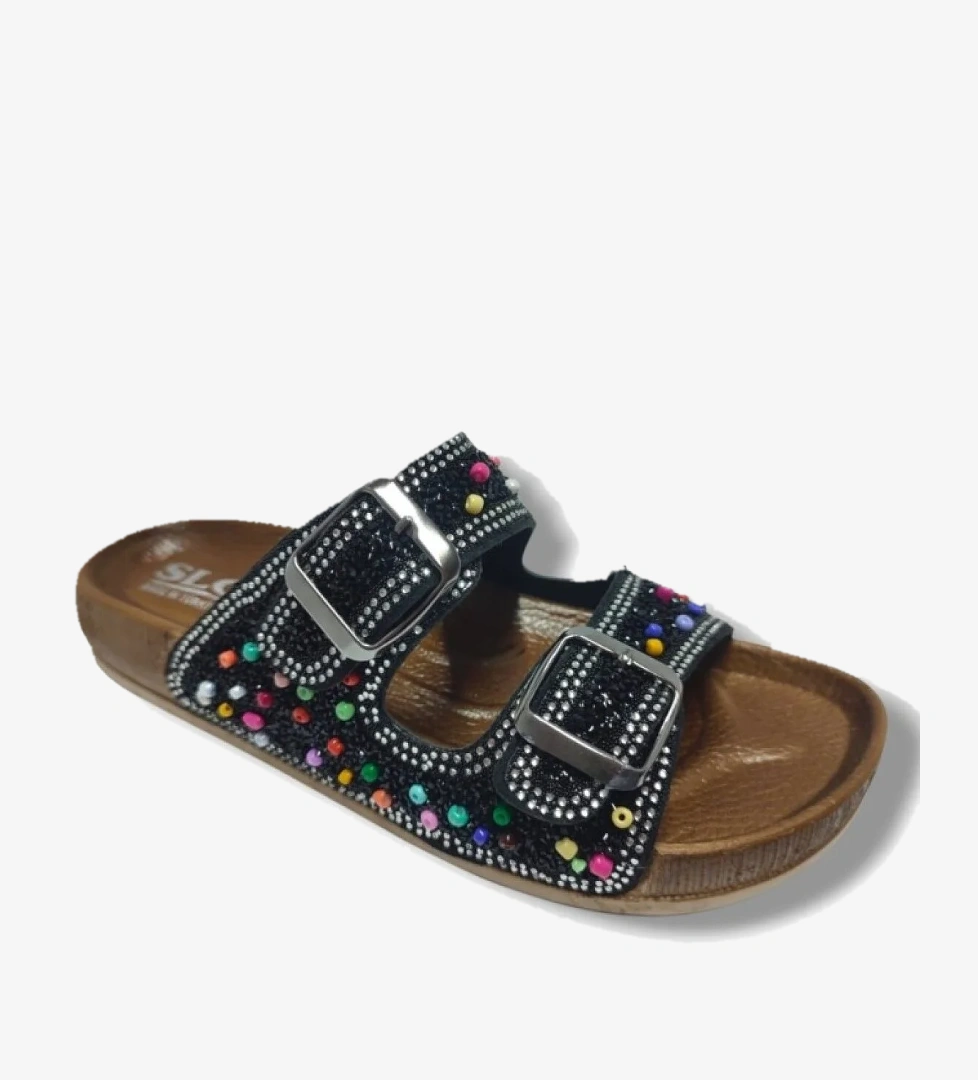 6123-25 Çift Bant Boncuklu Taşlı Kadın Terlik