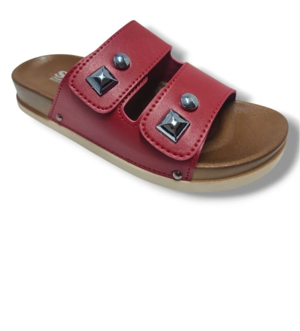 8104-25 Deri Çift Bant Tokalı Kadın Terlik - Görsel 1