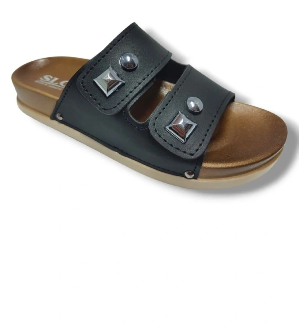 8104-25 Deri Çift Bant Tokalı Kadın Terlik