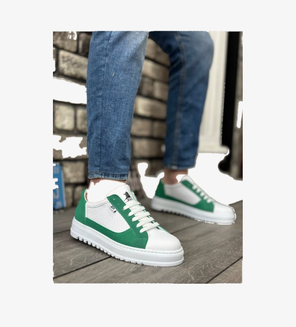 Pabucmarketi Bağcıklı Erkek Spor Ayakkabı BEYAZ YEŞİL (BEYAZ TABAN) model görseli