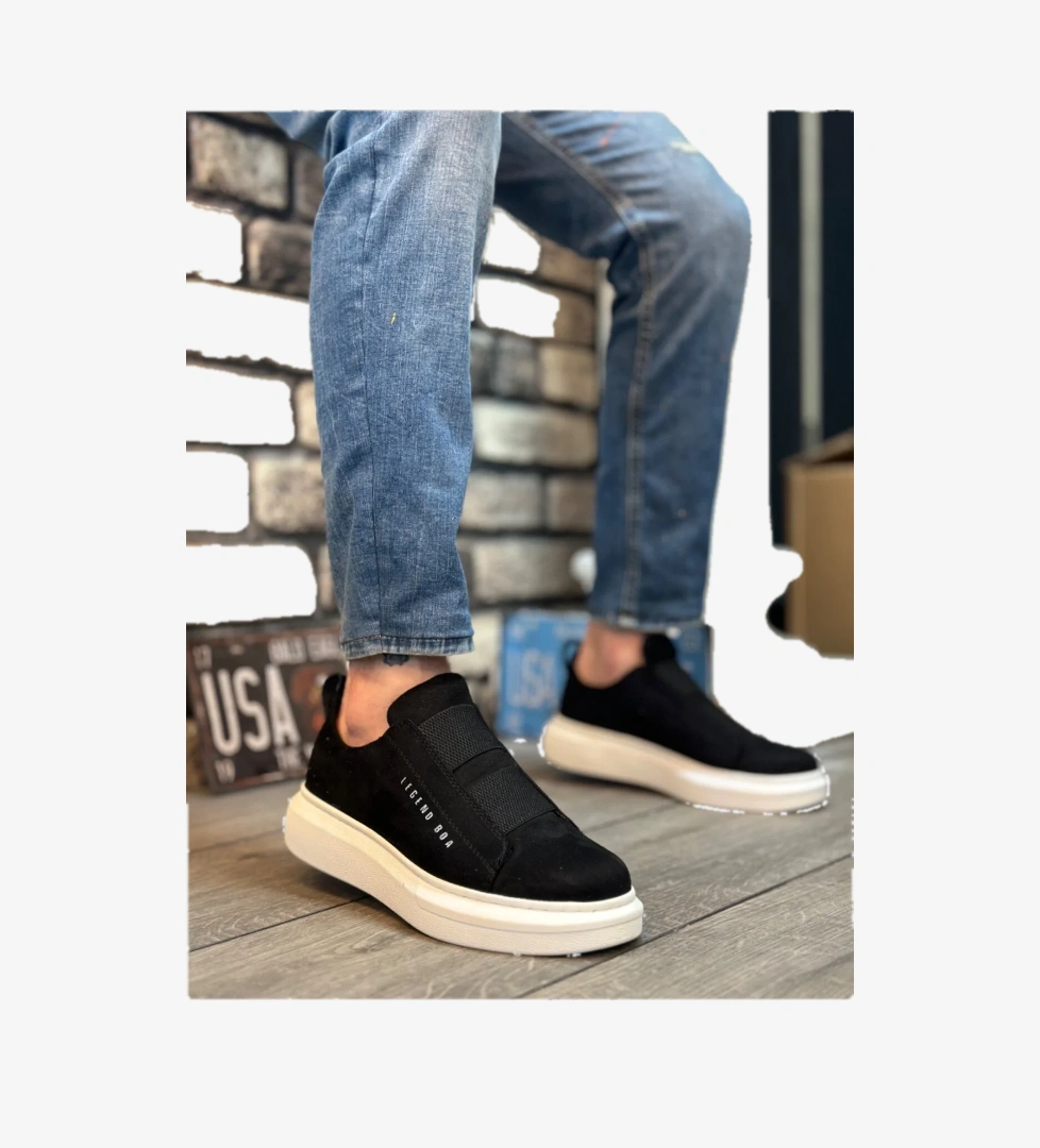 Pabucmarketi Bağcıksız Çift Bant Erkek Ayakkabı SİYAH (BEYAZ TABAN) model görseli