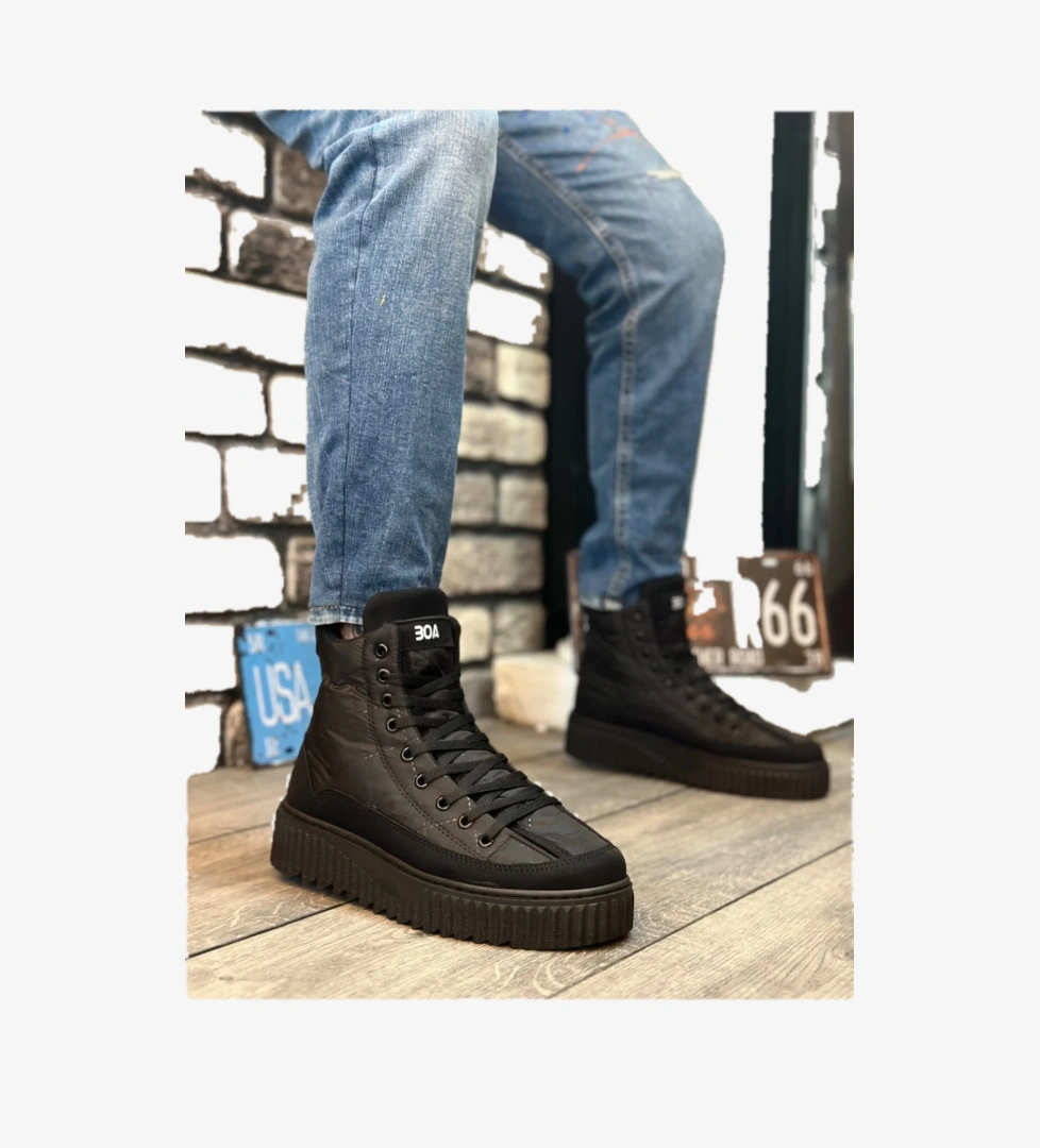 Pabucmarketi Bağcıklı Paraşüt Kumaş Siyah Detaylı Erkek Spor Bot SİYAH (SİYAH TABAN) model görseli