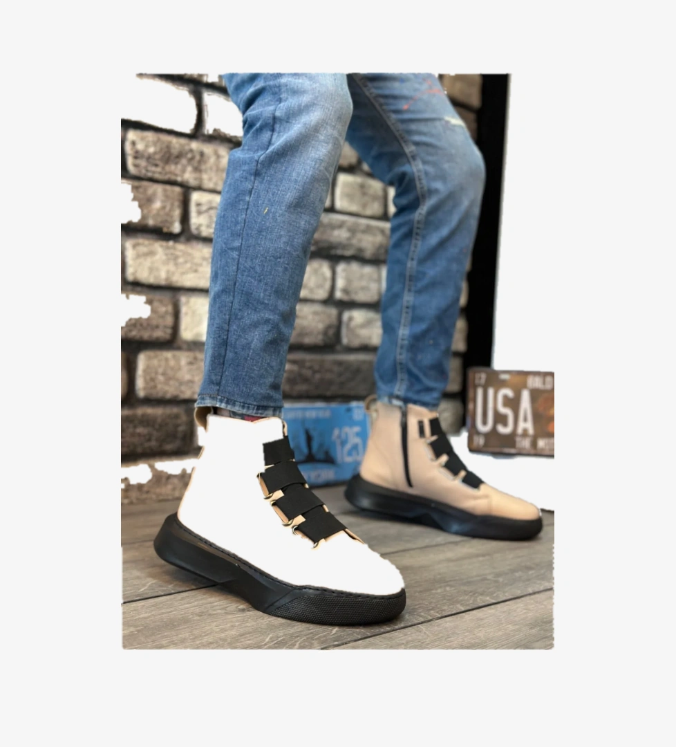 Pabucmarketi Bantlı Fermuarlı Erkek Spor Bot KREM (SİYAH TABAN) model görseli