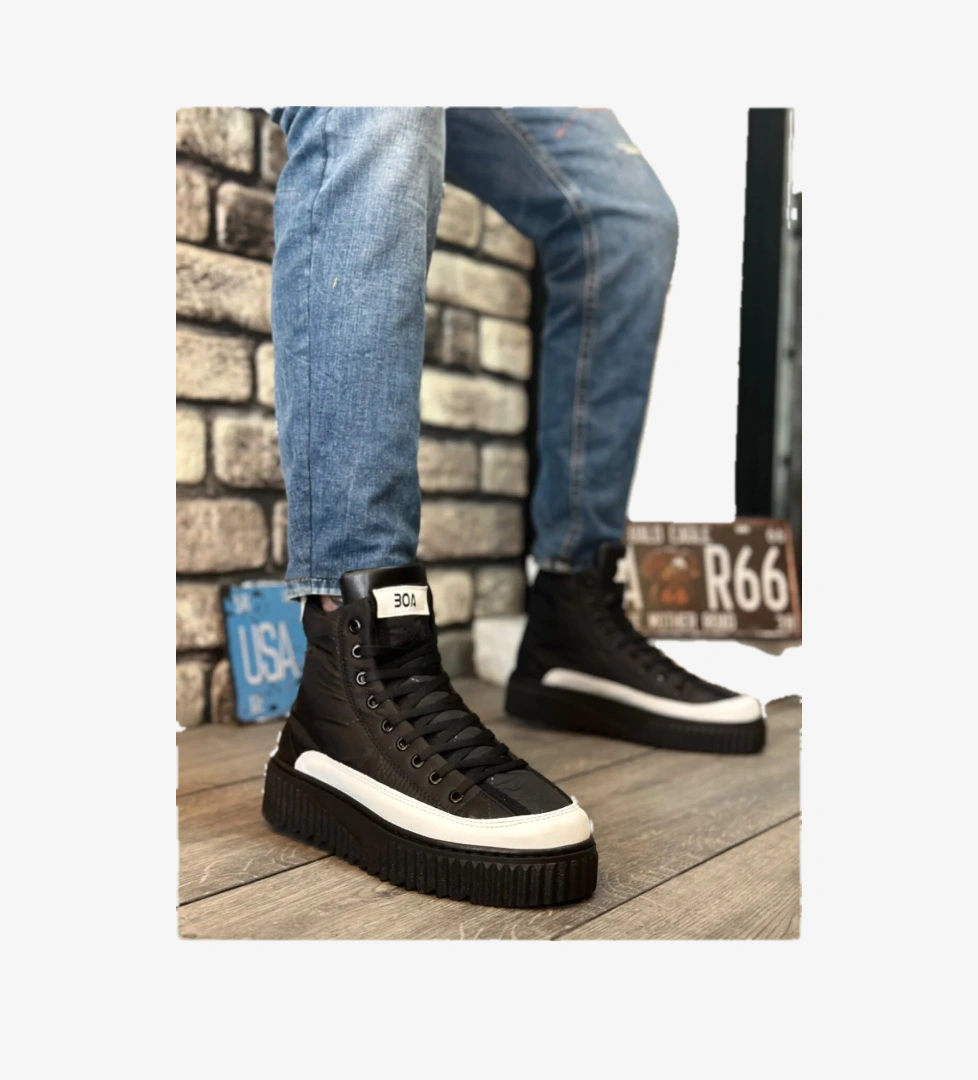 Pabucmarketi Bağcıklı Paraşüt Kumaş Beyaz Detaylı Erkek Spor Bot SİYAH (SİYAH TABAN) model görseli