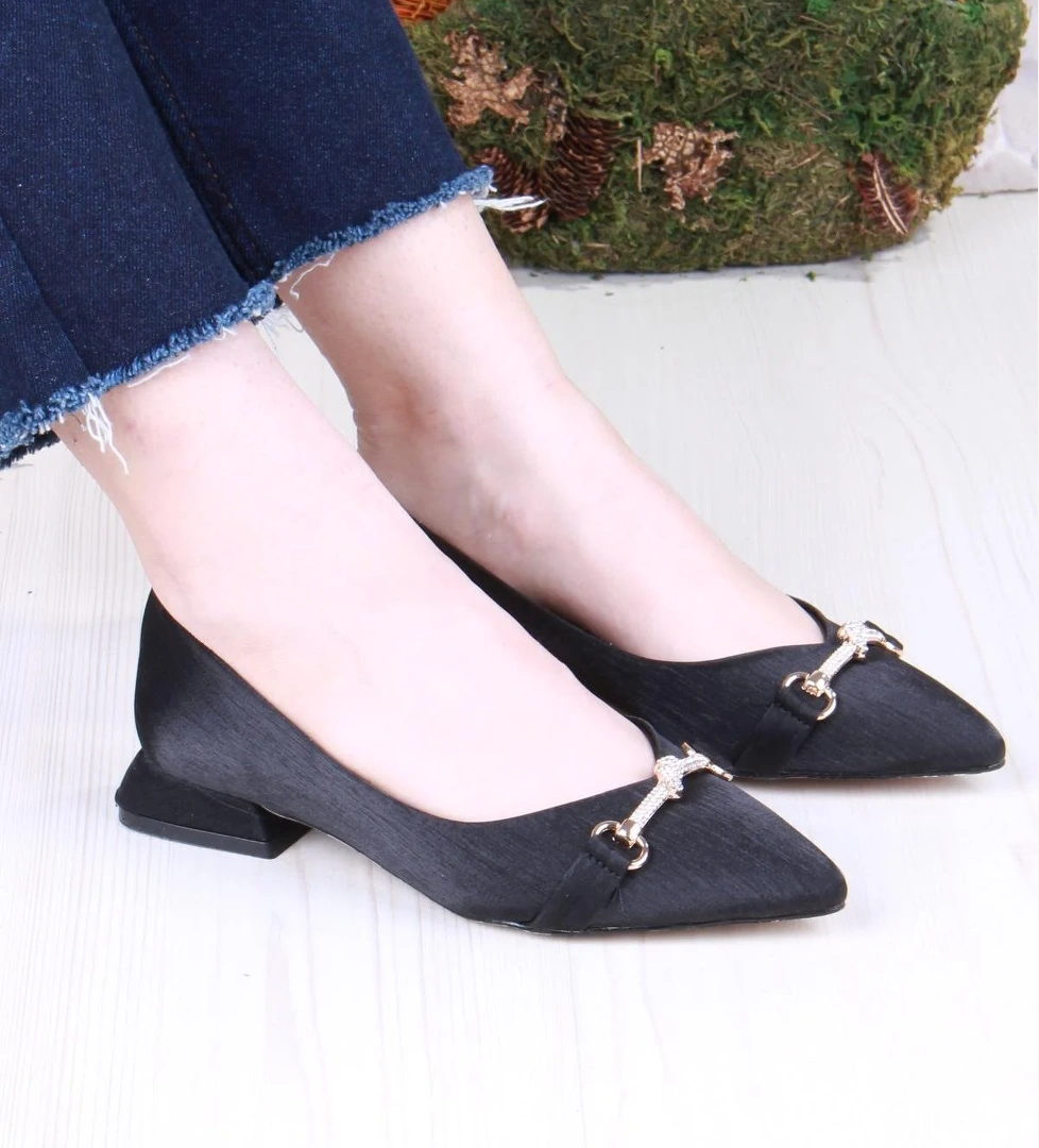 077-608 Fls Saten Taş Toka Detaylı Şık Rahat Sivri Burun Kadın Babet - Görsel 1