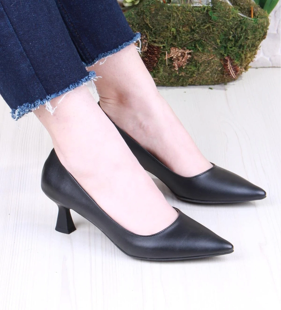 16309 Düz Sade Cilt Rahat Şık Stiletto Alçak Topuklu Kadın Ayakkabı - Görsel 1