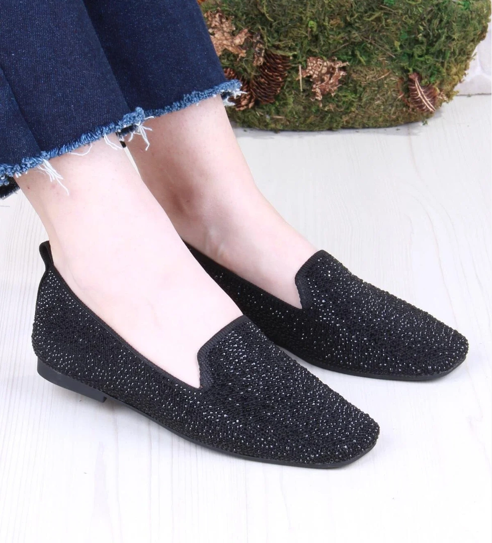 128-133 Fls Triko Taş Baskı Detaylı Kut Burun Kadın Babet