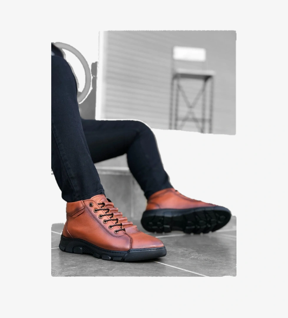 Pabucmarketi Bağcıklı Hakiki Deri Erkek Bot TABA model görseli