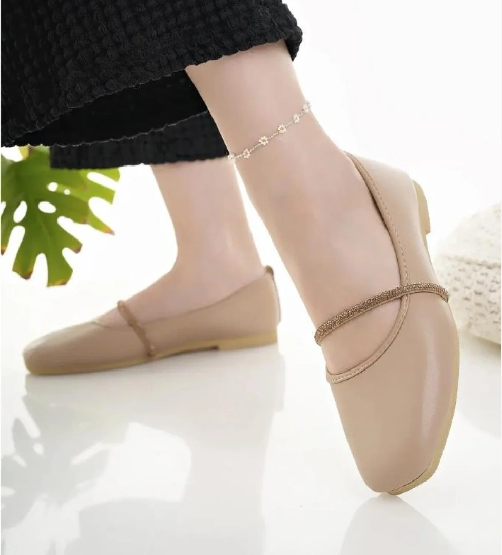 Kadın Babet Bej Taşlı Şık Ev İş Ofis Günlük Ayakkabı