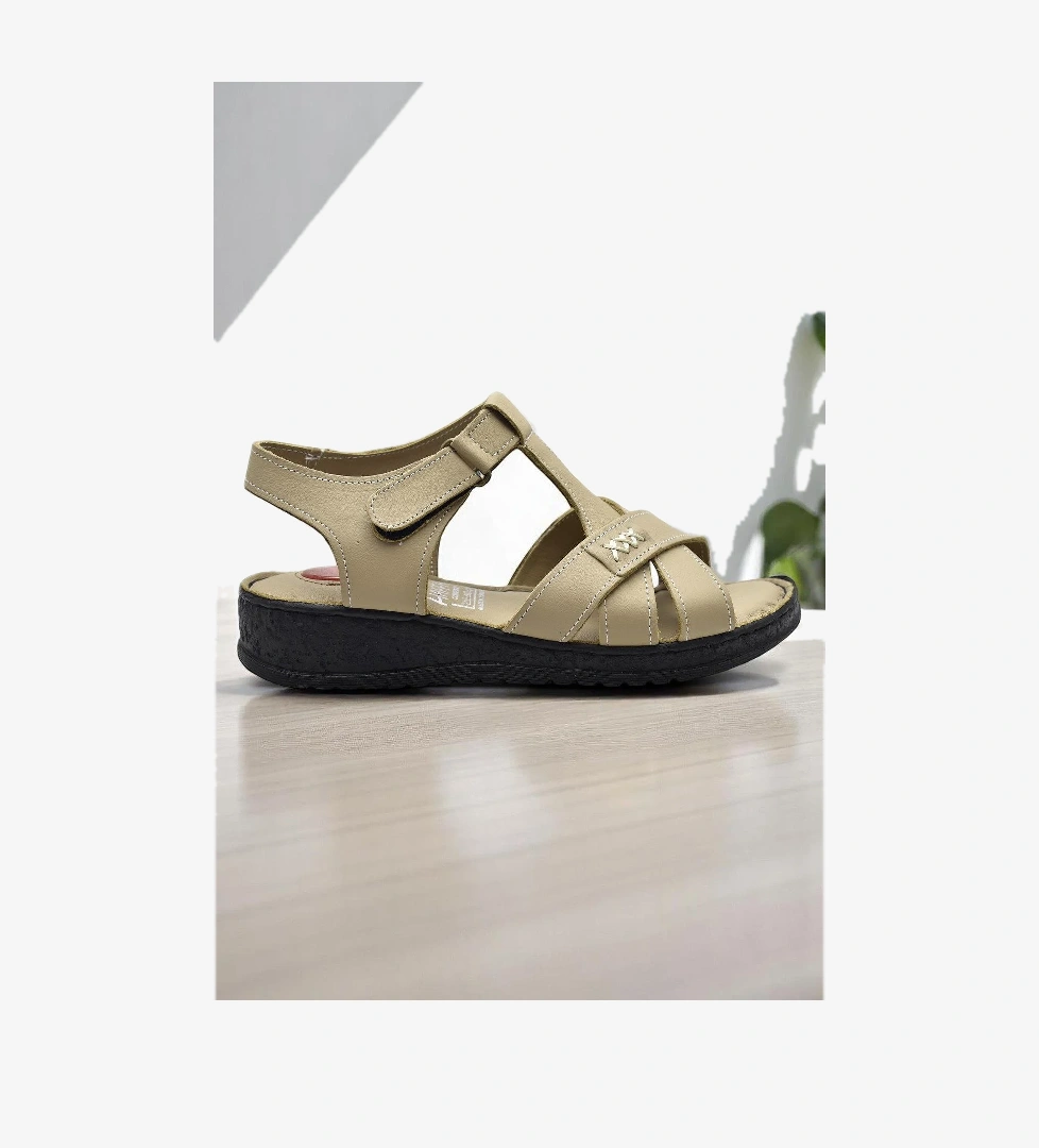 203 TAM ORTOPEDİK Hakiki Deri Kadın Sandalet Topuk Jel Taban Kadın Deri Sandalet