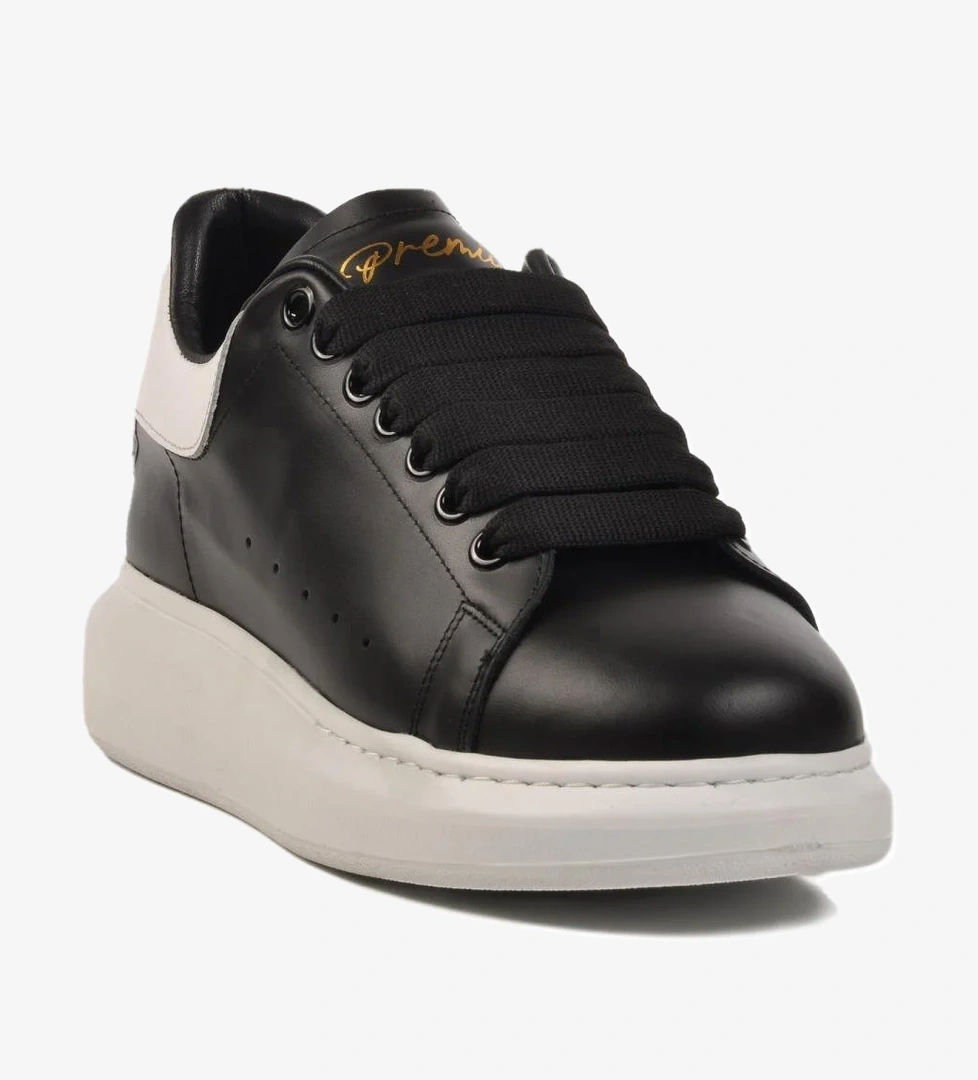 Premium 02028 M Beyaz-Siyah-Beyaz Hakiki Deri Erkek Sneaker