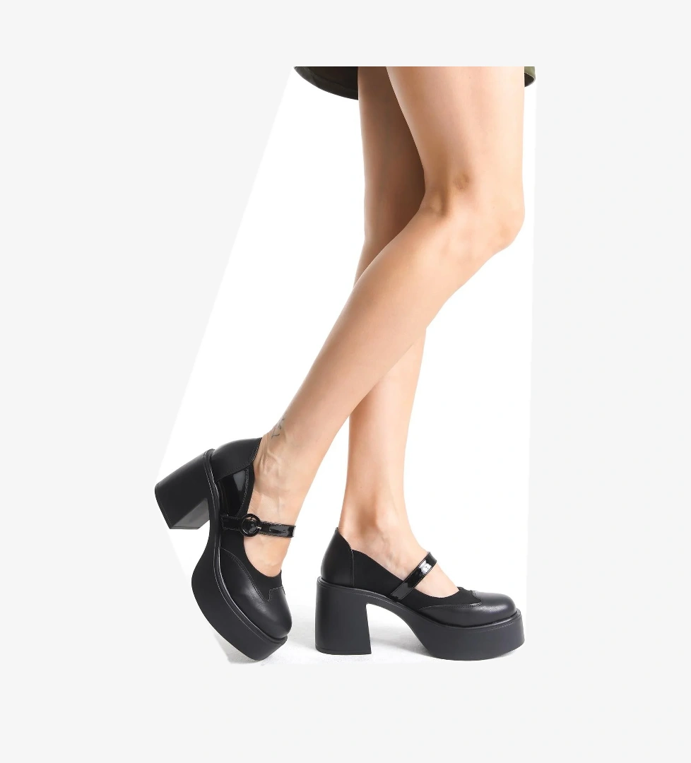 Arja Siyah Mary Jane Bantlı Yüksek Kalın Platform Topuklu Hafif Günlük Ayakkabı - Görsel 1