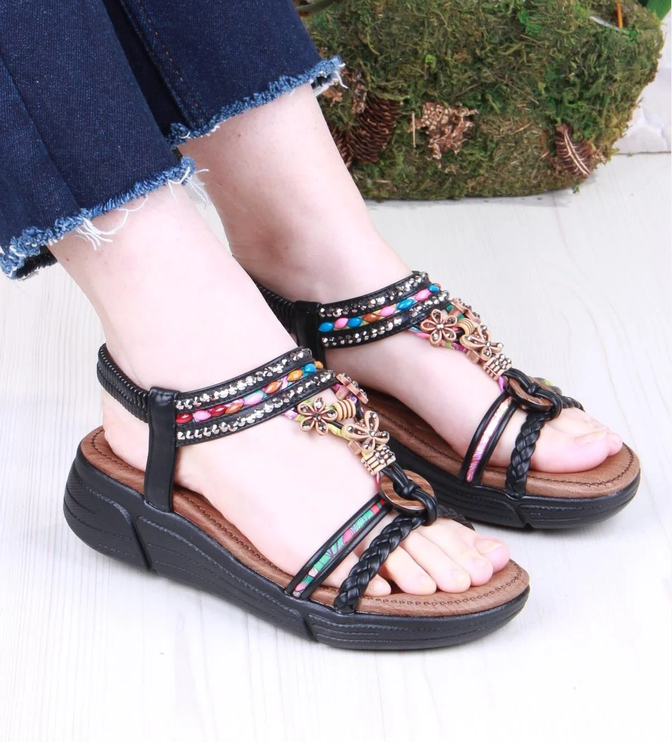 Rüya Anatomik Rahat Taban Taşlı Boncuklu Lastikli Kadın Sandalet