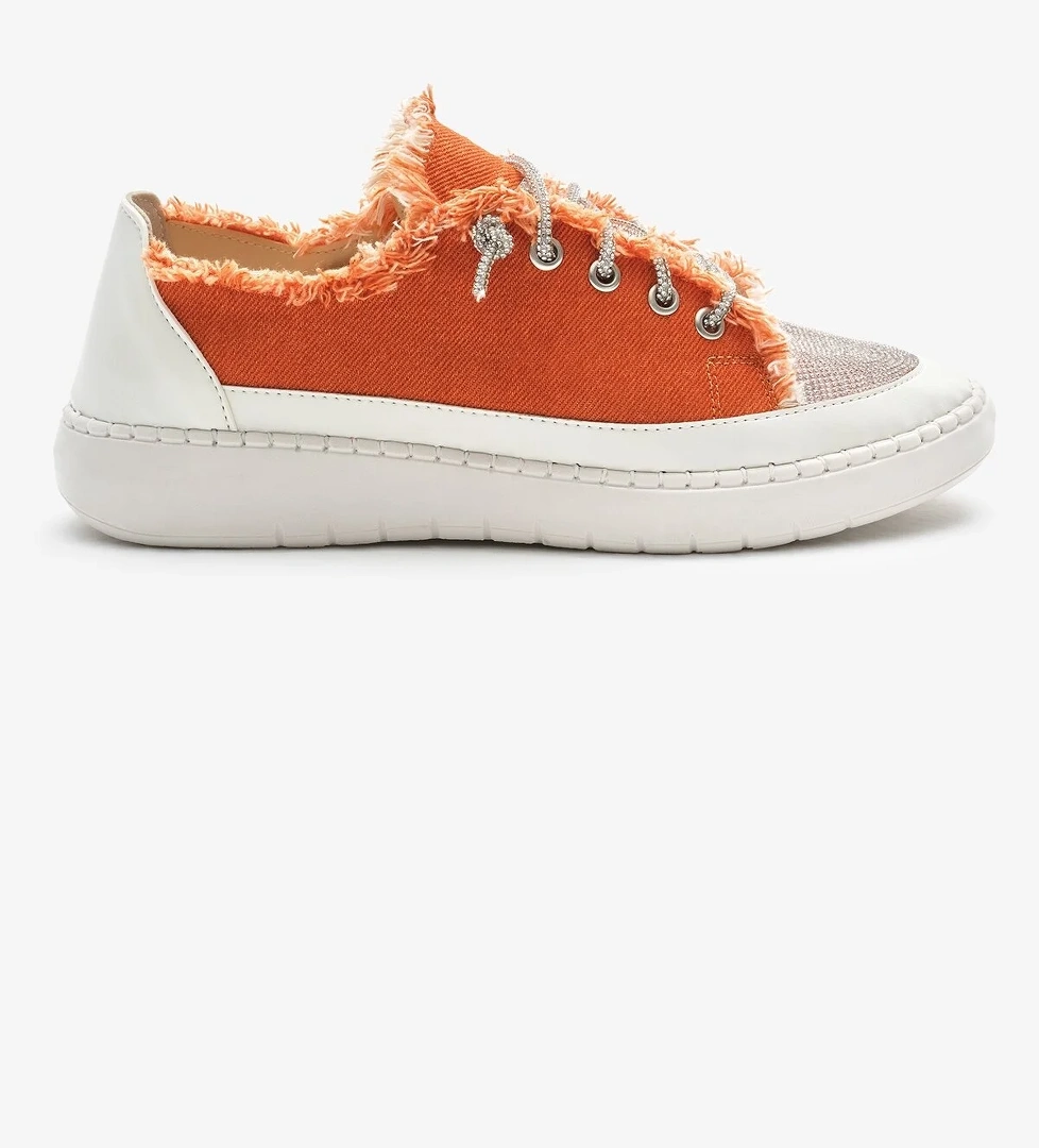 Kadın Oranj Poli Taban Denim Kumaş Taşlı Bağcıklı Spor Ayakkabı