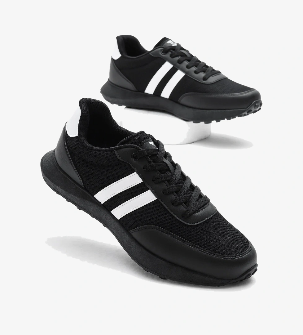 Erkek Siyah Beyaz Termo Taban Şeritli Nefes Alabilen Kumaş Bağcıklı Spor Ayakkabı