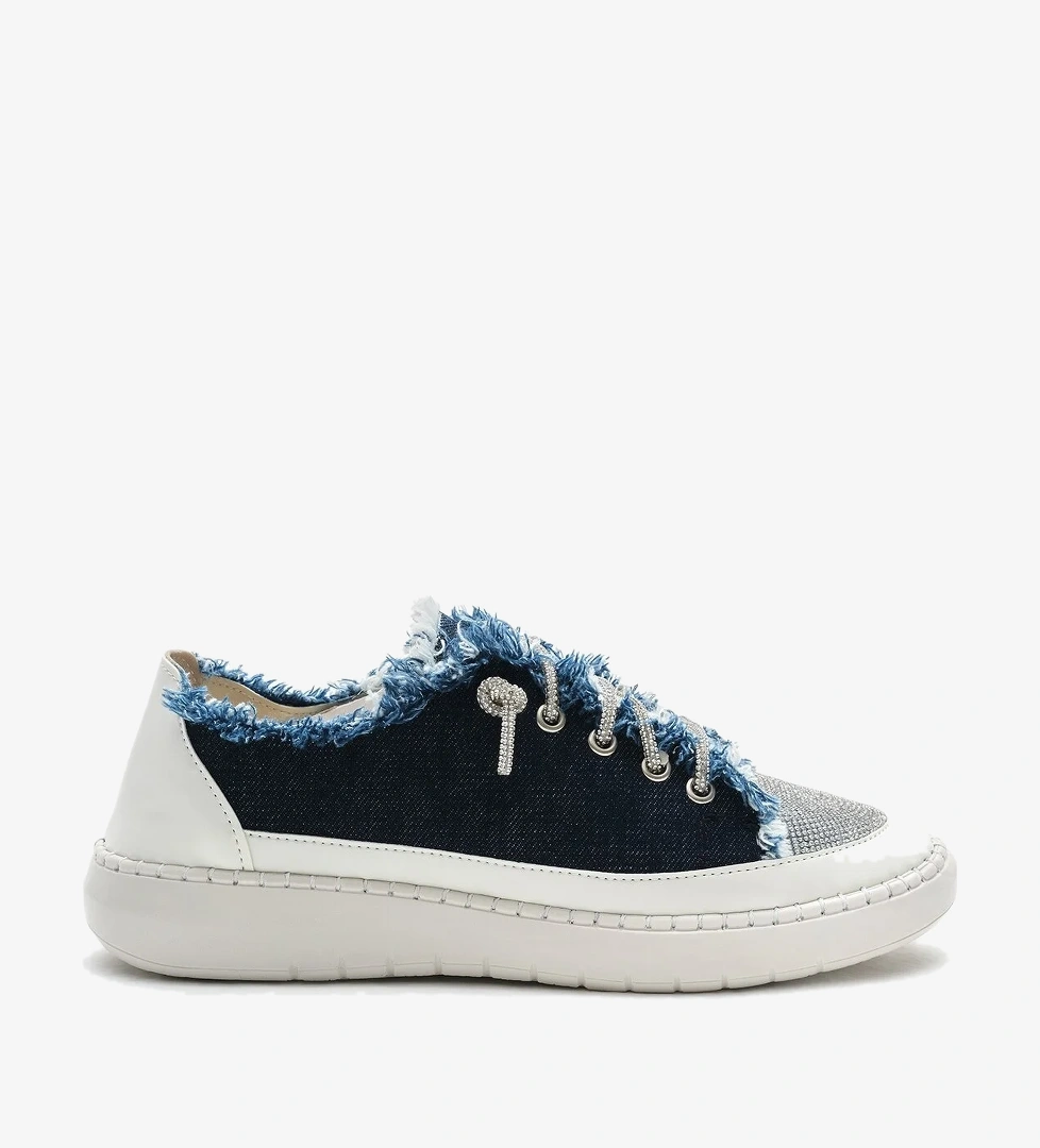 Kadın Lacivert Poli Taban Denim Kumaş Taşlı Bağcıklı Spor Ayakkabı