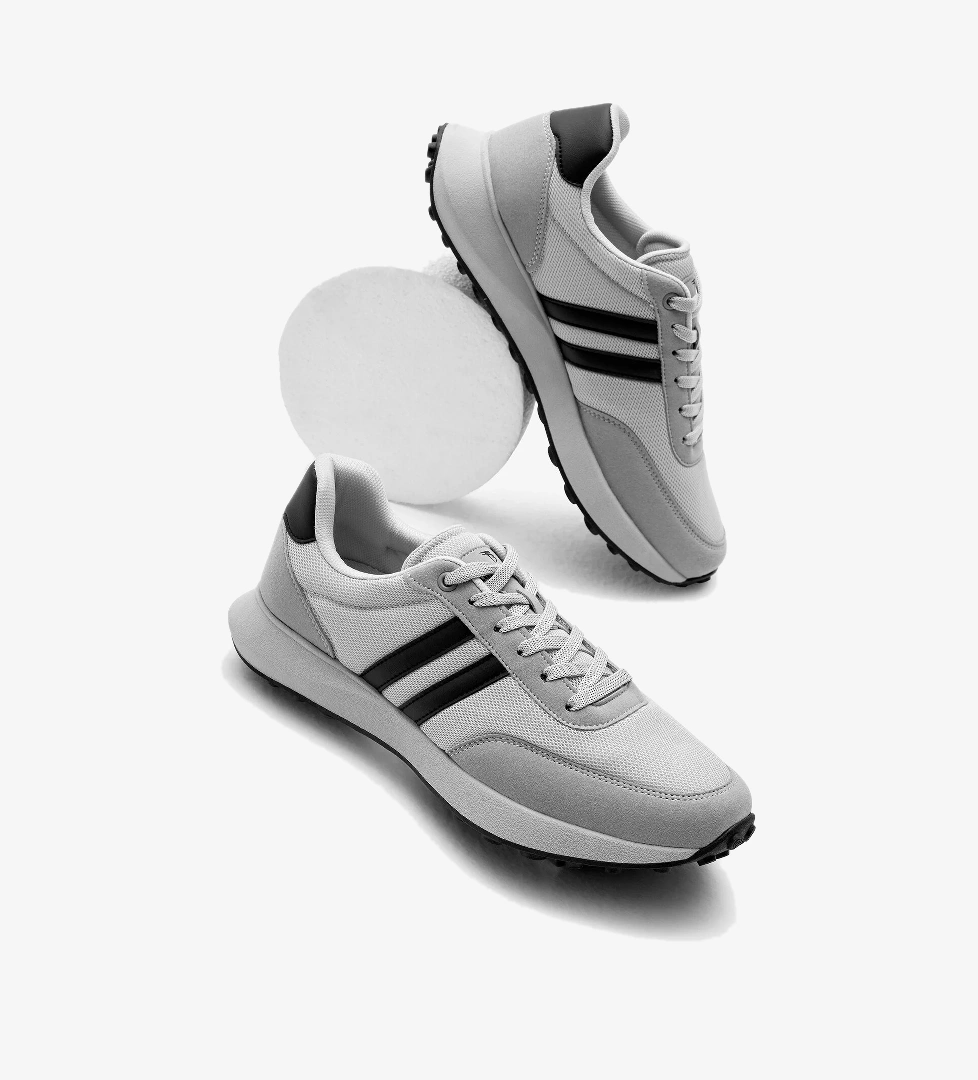 Erkek Gri Siyah Termo Taban Şeritli Nefes Alabilen Kumaş Bağcıklı Spor Ayakkabı