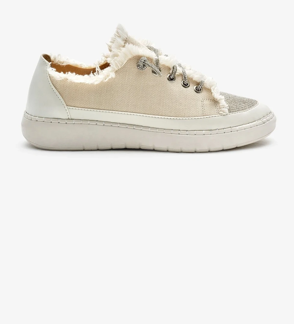 Kadın Bej Poli Taban Denim Kumaş Taşlı Bağcıklı Spor Ayakkabı