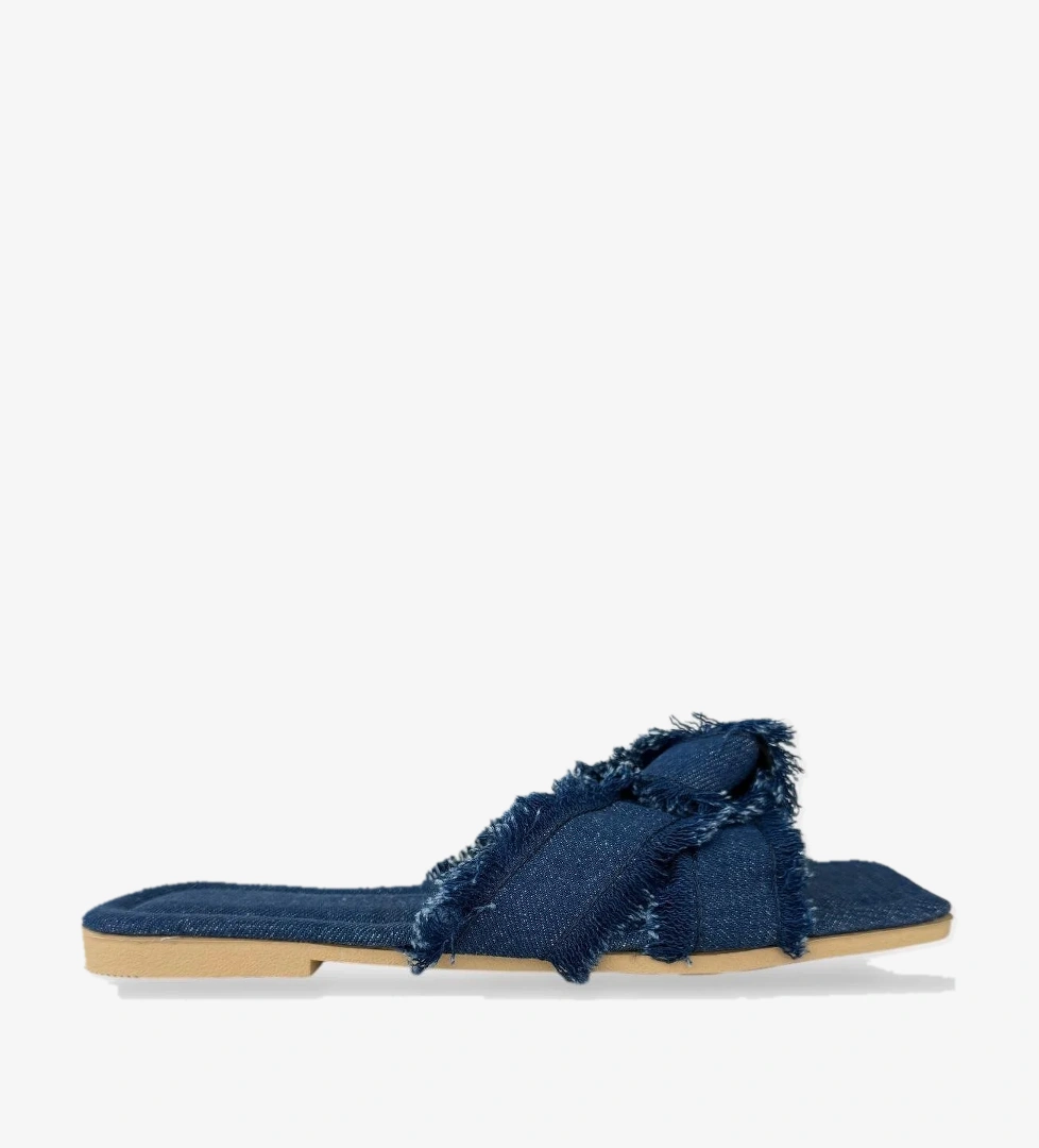 Kadın Püskül Detay Çapraz Denim Terlik LACİVERT