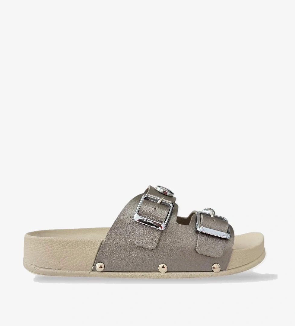 Kadın Çift Bantlı Toka Detaylı Günlük Konfor Terlik GÜMÜŞ