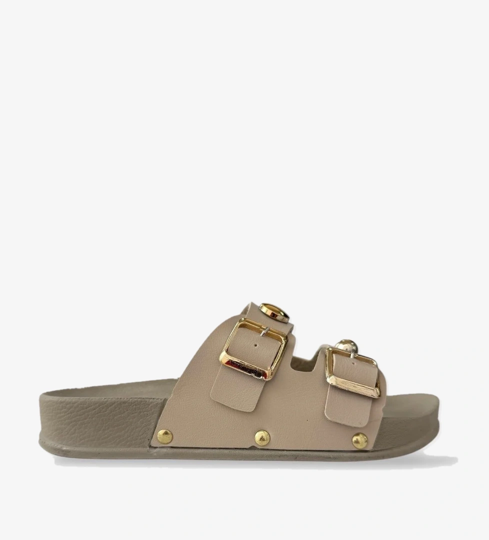 Kadın Çift Bantlı Toka Detaylı Günlük Konfor Terlik KREM