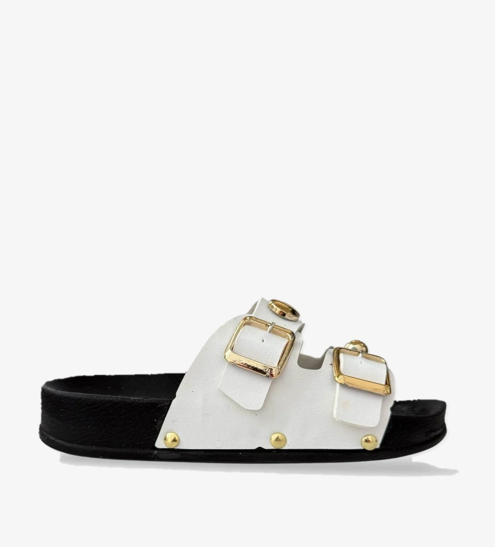 Kadın Çift Bantlı Toka Detaylı Günlük Konfor Terlik BEYAZ