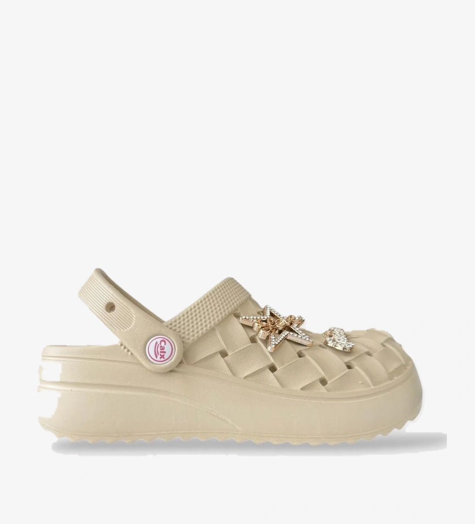 Kadın Taşlı Comfort Hafif Yüksek Taban Yazlık Sandalet Terlik BEJ