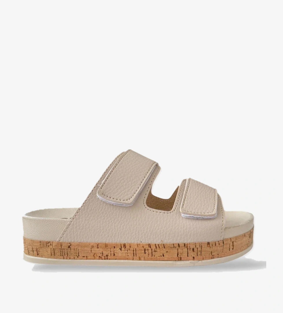 Kadın Günlük Terlik Kalın Taban Çift Bant Cırtlı Rahat Şık Yazlık Ev Plaj Tatil Terliği BEJ - Görsel 1