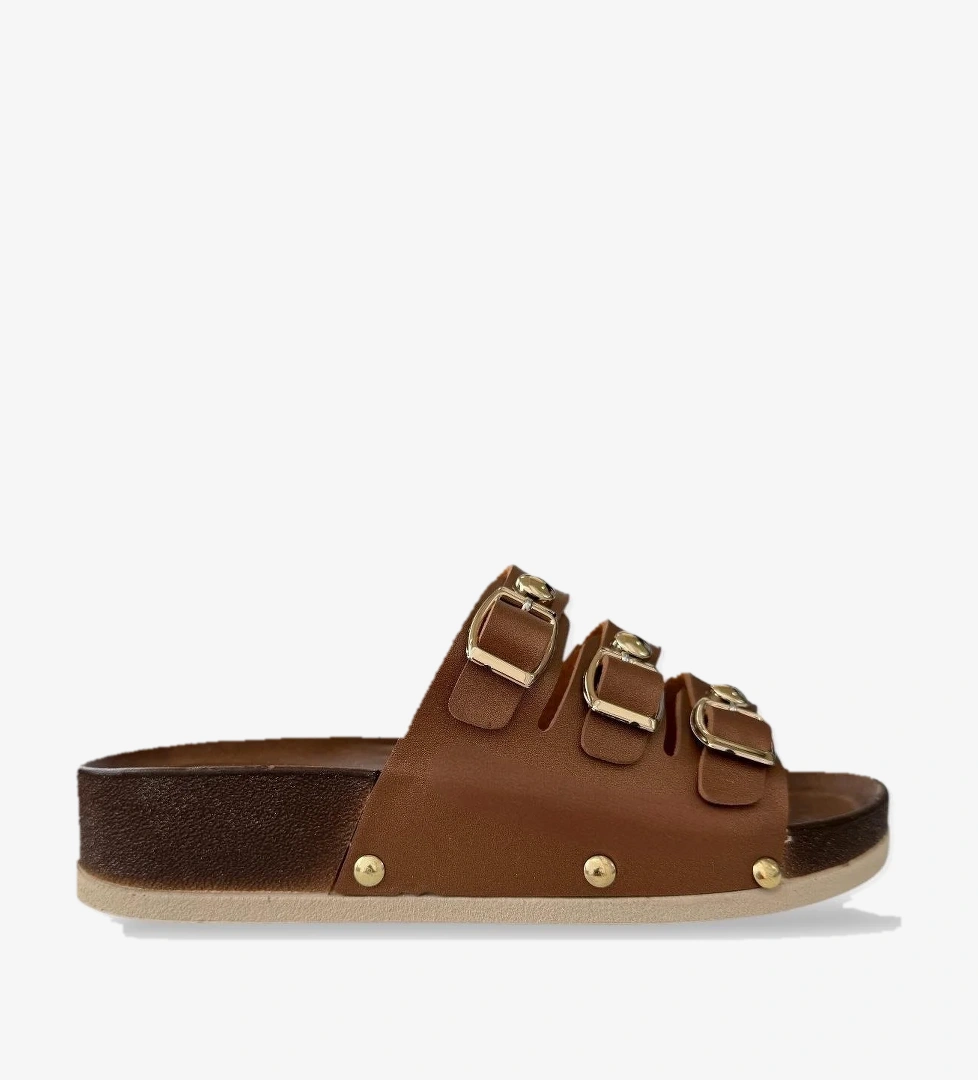 Kadın Günlük Terlik Tokalı Üç Bant Şık Ortopedik Yazlık Ev Plaj Tatil İş Terliği KAHVERENGİ