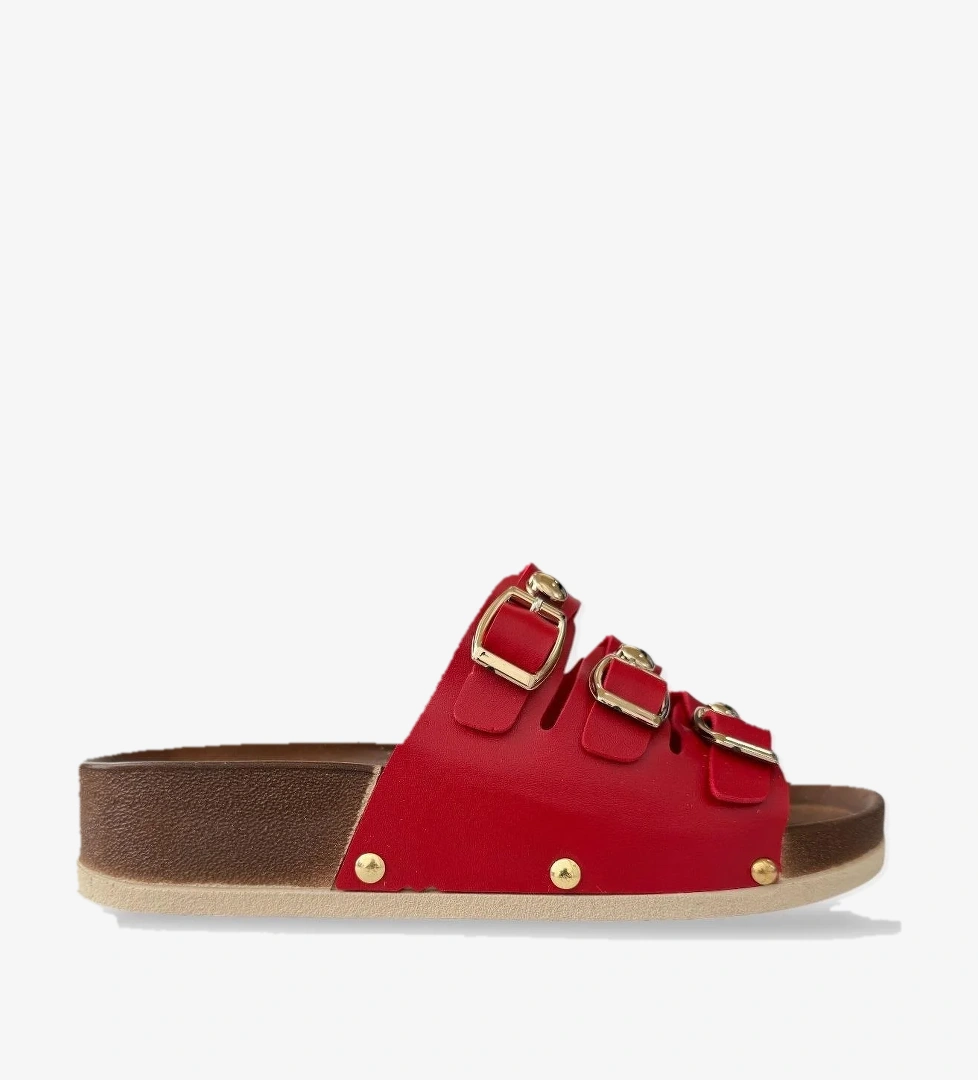 Kadın Günlük Terlik Tokalı Üç Bant Şık Ortopedik Yazlık Ev Plaj Tatil İş Terliği KIRMIZI