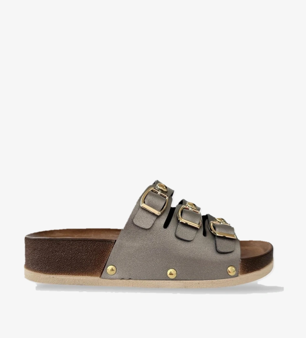 Kadın Günlük Terlik Tokalı Üç Bant Şık Ortopedik Yazlık Ev Plaj Tatil İş Terliği PLATİN - Görsel 1