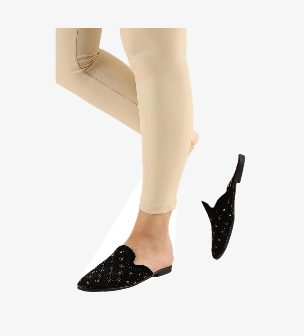 Liger Süet Sivri Burun Taş Tasarımlı Kadın Terlik Si̇yah - Altin Gümüş model görseli