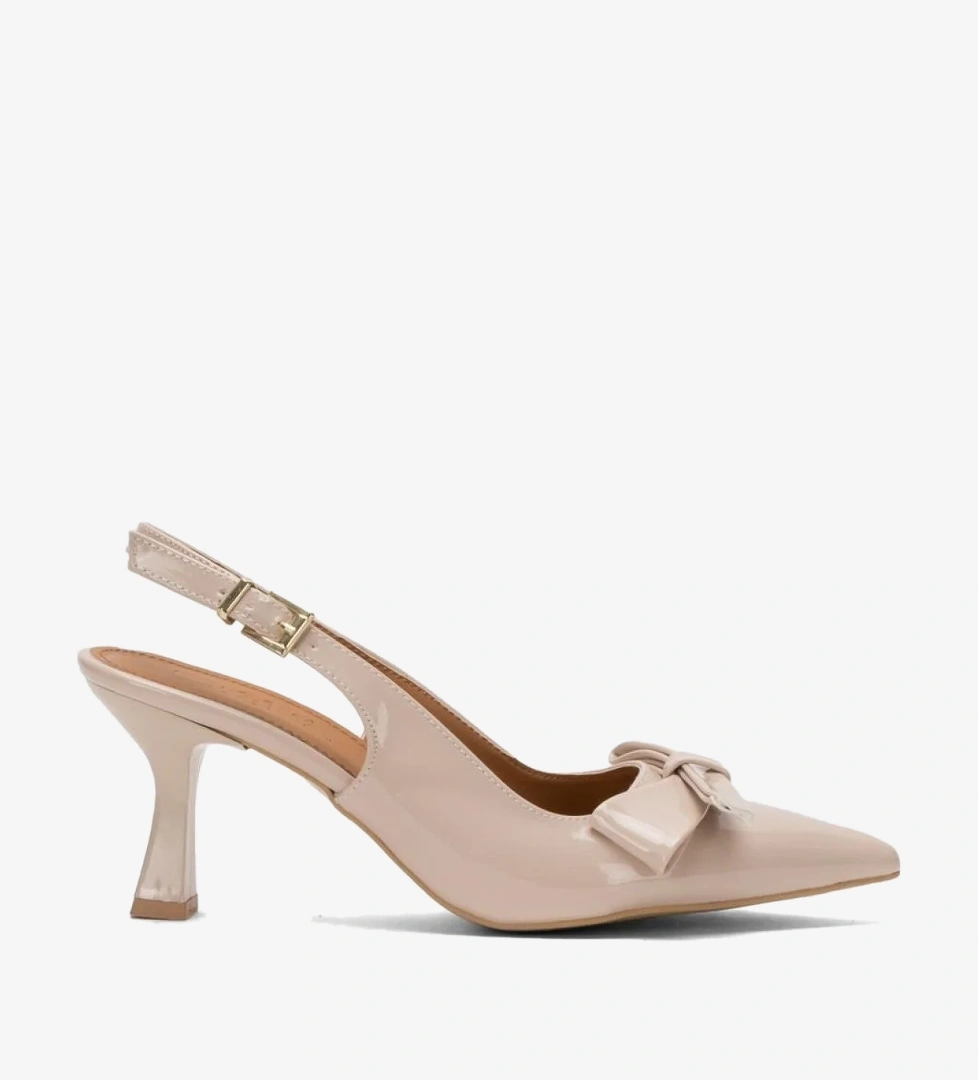 Kadın Fiyonk Tokalı Sivri Burun Arkası Açık 8 Cm Topuklu Ayakkabı BEJ