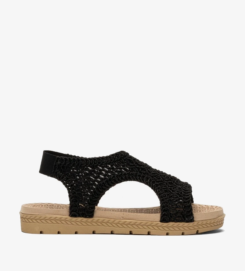 Kadın Önü Açık Örgü Desenli Lastikli Sandalet SİYAH