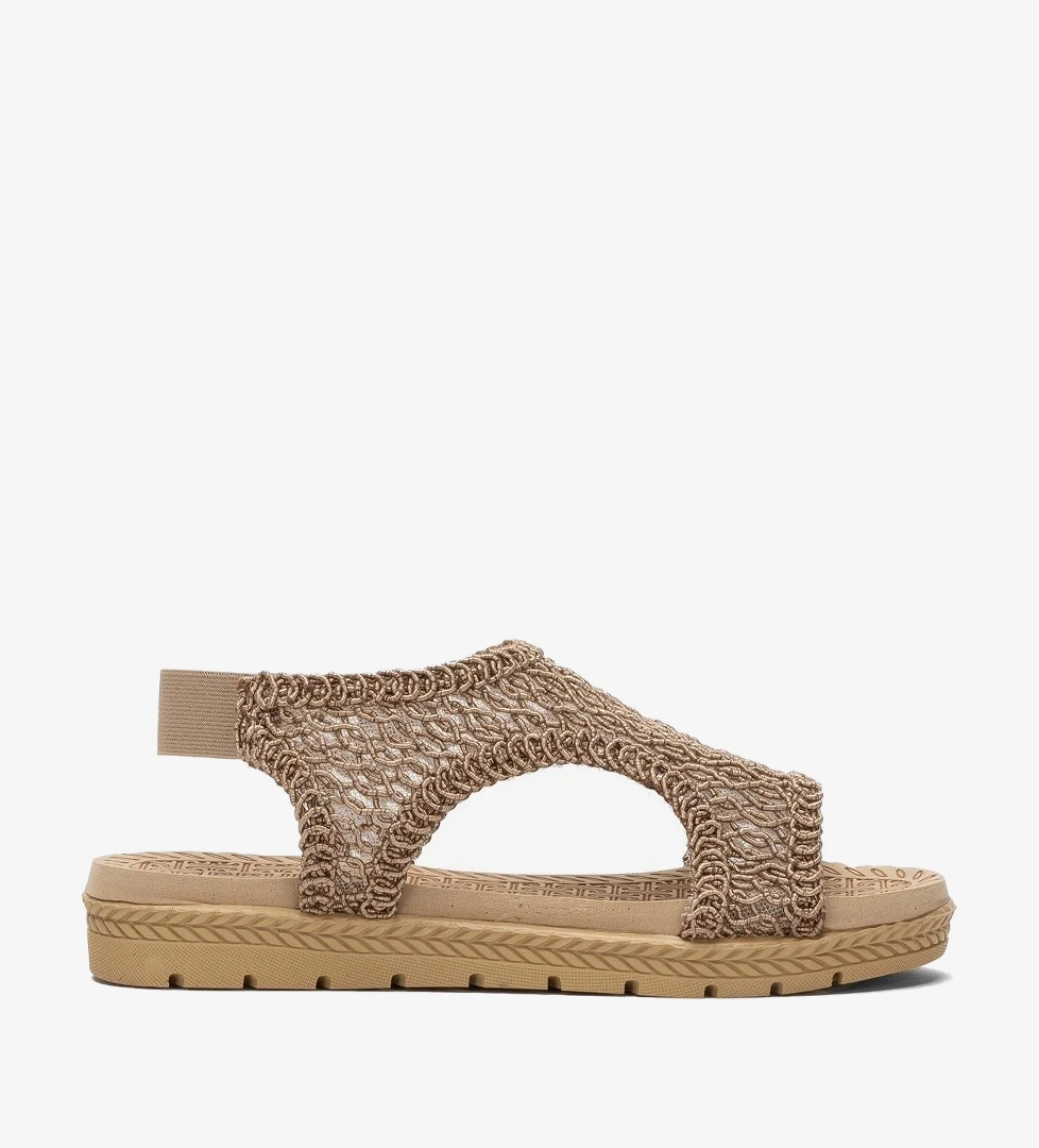 Kadın Önü Açık Örgü Desenli Lastikli Sandalet VİZON - Görsel 1